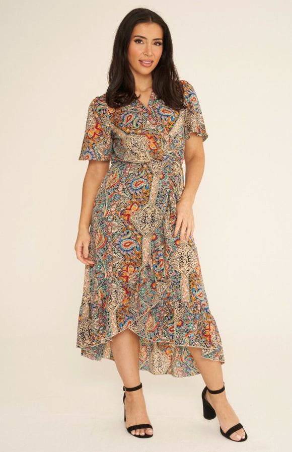 Paisley Print Ruffle Crossover Dress